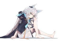 Rule 34 | 1girl, absurdres, animal ears, arknights, barefoot, black jacket, blush, cat ears, cat girl, chinese commentary, commentary request, dress, earpiece, full body, green eyes, highres, hood, hood down, hooded jacket, jacket, knee up, long sleeves, looking at viewer, open mouth, rosmontis (arknights), sao7, simple background, sitting, solo, toes, variant set, white background, white dress, white hair
