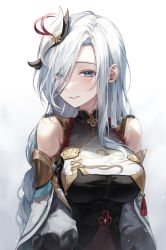 Rule 34 | 1girl, absurdres, blue eyes, braid, breast curtain, breasts, chinese clothes, clothing cutout, duplicate, ekina (1217), eyes visible through hair, genshin impact, gold trim, gradient hair, grey background, hair ornament, hair over one eye, high collar, highres, long hair, looking at viewer, low-braided long hair, low-tied long hair, medium breasts, multicolored hair, parted lips, pixel-perfect duplicate, shenhe (genshin impact), shoulder cutout, sidelocks, smile, solo, swept bangs, tassel, upper body, white hair