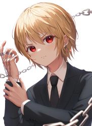 Rule 34 | 1boy, bishounen, black necktie, blonde hair, chain, closed mouth, commentary, commentary request, earrings, formal, highres, hunter x hunter, jewelry, kurapika, long sleeves, looking at viewer, male focus, necktie, red eyes, ring, short hair, simple background, solo, suit, usami (usami l)