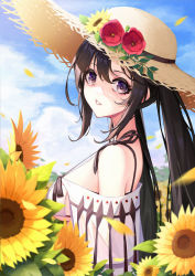 Rule 34 | 1girl, bare shoulders, bikini, blue sky, breasts, brown eyes, brown hair, earrings, fate/grand order, fate (series), field, flower, flower field, hat, highres, jewelry, long hair, medium breasts, multiple earrings, open clothes, parted lips, robe, sky, solo, straw hat, sunflower, sunflower field, swimsuit, tiaowen xiao qiezi, twintails, very long hair, white bikini, yu mei-ren (fate), yu mei-ren (swimsuit lancer) (fate)