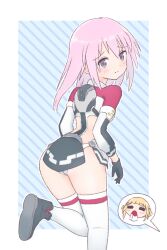 Rule 34 | 1girl, 2girls, alice gear aegis, baansperion, blonde hair, blood, blush, bodysuit, breasts, closed mouth, hair between eyes, highres, hirasaka yotsuyu, impossible bodysuit, impossible clothes, looking at viewer, multiple girls, nosebleed, pelvic curtain, pink hair, purple eyes, revealing clothes, short hair, small breasts, smile, standing, takahata nodoka, thighhighs