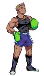 1boy alternate_color blonde_hair blue_eyes boots boxing_gloves cross-laced_footwear dancho_no_mori fang full_body hand_on_own_hip lace-up_boots little_mac looking_at_viewer male_focus muscular muscular_male nintendo punch-out!! short_hair shorts smile solo standing super_smash_bros. tan tank_top white_background