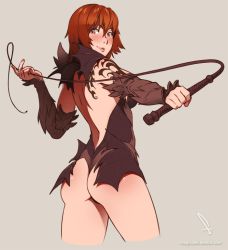Rule 34 | 1girl, arm tattoo, ass, back, blush, brown eyes, brown hair, detached sleeves, feguimel, freckles, grey background, looking at viewer, looking back, original, simple background, smile, solo, tattoo, tribal tattoo, watermark, whip
