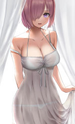 Rule 34 | 1girl, alternate costume, backlighting, bare shoulders, blush, bra, breasts, cleavage, collarbone, curtains, dress, fate/grand order, fate (series), faton, hair over one eye, highres, large breasts, light purple hair, looking at viewer, mash kyrielight, open mouth, panties, purple eyes, see-through, short hair, smile, solo, underwear, white bra, white dress, white panties