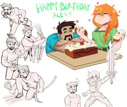 Rule 34 | !, !!, 1boy, 1girl, alex (minecraft), bird, blush, braid, braided ponytail, breasts, brown hair, bucket, cake, character name, chicken, commentary, eating, egg, english commentary, closed eyes, facial hair, farming, food, gluteal fold, greyscale, hair between eyes, happy birthday, heart, holding, holding cake, holding food, holding sword, holding weapon, minecraft, monochrome, multiple views, muscular, muscular male, mustache, orange hair, pants, partially colored, shirt, short sleeves, simple background, smile, steve (minecraft), sweat, sword, table, void dot exe, weapon, white background
