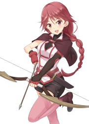 Rule 34 | 10s, 1girl, bad id, black shorts, bow (weapon), braid, brown eyes, brown hair, hai to gensou no grimgar, holding, holding bow (weapon), holding hands, holding weapon, long hair, long legs, pink thighhighs, shorts, simple background, single braid, solo, tamakaga, thighhighs, weapon, white background, yume (grimgar)