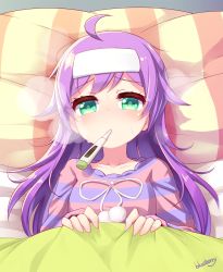 Rule 34 | 1girl, artist name, blueberry (5959), blush, bow, digital thermometer, green eyes, highres, long hair, looking at viewer, manaka laala, pretty series, pripara, purple hair, sick, solo, sweat, thermometer, under covers, watermark