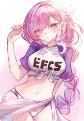 Rule 34 | 1girl, artist name, bikini, breasts, buruma, chiyori08, clothes writing, elf, elysia (herrscher of human:ego) (honkai impact), elysia (honkai impact), highres, honkai (series), honkai impact 3rd, long braid, long hair, looking at viewer, low-braided long hair, low-tied long hair, midriff, navel, official alternate costume, open mouth, pink eyes, pink hair, pink nails, pink pupils, pink sarong, pointy ears, shirt, solo, swimsuit, teeth, tied shirt, two-tone background, very long hair