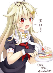 Rule 34 | 1girl, absurdres, black ribbon, black serafuku, blonde hair, cake, cake slice, dated, fang, food, fork, fruit, hair flaps, hair ornament, hair ribbon, hairclip, highres, kantai collection, long hair, looking at viewer, neckerchief, open mouth, painttool sai (medium), photoshop (medium), poi, red eyes, red neckerchief, ribbon, roshi chen, scarf, school uniform, serafuku, simple background, skin fang, smile, solo, strawberry, strawberry shortcake, twitter username, upper body, whipped cream, white background, white scarf, yuudachi (kancolle), yuudachi kai ni (kancolle)