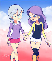 Rule 34 | 2girls, angry, black shirt, black thighhighs, blue eyes, blush, boots, braid, closed eyes, cloud, collarbone, diamond tiara, drantyno, flat chest, glasses, grass, grey hair, hasbro, holding hands, hood, hoodie, long hair, long sleeves, multiple girls, my little pony, my little pony: equestria girls, my little pony: friendship is magic, open clothes, open hoodie, open mouth, personification, pink clouds, pink skirt, purple hair, purple shirt, shirt, silver spoon, skirt, sky, smile, teeth, thighhighs, walking, white skirt, yellow footwear, yellow hoodie, yuri