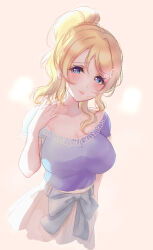 Rule 34 | 1girl, ayase eli, bad id, bad pixiv id, blonde hair, blue eyes, blush, breasts, large breasts, lichi (elielielichi 10), looking at viewer, love live!, love live! school idol project, ponytail, shirt, sidelocks, smile, solo, tagme