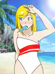 Rule 34 | 1girl, arms behind back, arms up, artist name, beach, blonde hair, blush, breasts, digimon, digimon frontier, food, green eyes, highres, ice cream, long hair, looking away, looking to the side, medium breasts, one-piece swimsuit, orimoto izumi, popsicle, swimsuit, white swimsuit