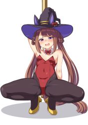 Rule 34 | 1girl, absurdres, arm up, armpits, blush, breasts, brown hair, djloops, hair between eyes, hair ornament, hair rings, hat, high heels, highres, horse girl, leotard, looking at viewer, playboy bunny, purple eyes, shoes, small breasts, solo, spread legs, squatting, sweep tosho (umamusume), twintails, umamusume, white background, witch hat