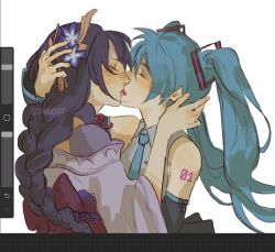 Rule 34 | 2girls, aqua hair, aqua necktie, arm up, artist name, back bow, bare shoulders, bow, braid, closed eyes, clothing cutout, collared shirt, commentary, couple, crossover, detached sleeves, english commentary, face-to-face, french kiss, from side, genshin impact, grey shirt, gumgoatt, hair between eyes, hair ornament, hand on another&#039;s head, hand up, hashtag-only commentary, hatsune miku, highres, imminent kiss, japanese clothes, kimono, kiss, long braid, long hair, long sleeves, mole, mole under eye, multiple girls, neck ribbon, necktie, off shoulder, purple hair, purple kimono, raiden shogun, red ribbon, ribbon, shirt, shoulder tattoo, simple background, single braid, sleeveless, standing, tattoo, tongue, tongue out, twintails, unfinished, vocaloid, watermark, white background, wide sleeves, yuri