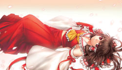 Rule 34 | 1girl, bad id, bad pixiv id, bow, detached sleeves, female focus, hair bow, hakurei reimu, irua, japanese clothes, looking at viewer, lying, midriff, miko, on back, petals, red eyes, solo, touhou