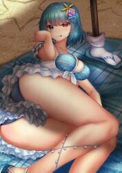 Rule 34 | 1girl, beach, bikini, blue bikini, blue eyes, blue hair, breasts, cleavage, commentary request, feet out of frame, heterochromia, highres, large breasts, legs, looking at viewer, outdoors, red eyes, shell hair ornament, short hair, shounen (hogehoge), solo, starfish hair ornament, striped bikini, striped clothes, swimsuit, tatara kogasa, touhou, touhou lost word