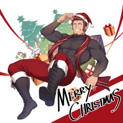 Rule 34 | 00047, 1boy, :o, adjusting clothes, adjusting headwear, alternate costume, bara, black shirt, blue eyes, boots, box, brown hair, christmas, christmas tree, collared shirt, covered abs, creature, cross-laced footwear, english text, facial hair, fate/grand order, fate (series), fou (fate), full body, fur-trimmed legwear, fur trim, gift, gift box, gift wrapping, goatee, hat, knee boots, large pectorals, leaning back, leather, leather boots, long sideburns, long sleeves, looking at viewer, male focus, merry christmas, muscular, muscular male, napoleon bonaparte (fate), one eye closed, pants, pectorals, red pants, red scarf, santa costume, santa hat, scarf, shirt, short hair, sideburns, skin tight, smile, solo, taut clothes, taut shirt, thighs, tight clothes, tight pants