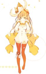 Rule 34 | 1girl, animal ears, blonde hair, bow, breasts, covered mouth, detached sleeves, dress, full body, hair ornament, hands up, large bow, legs apart, looking at viewer, lpip, medium breasts, one side up, orange thighhighs, original, petals, ribbon, side ponytail, simple background, solo, standing, thighhighs, white background, white dress, yellow bow, yellow eyes, yellow ribbon
