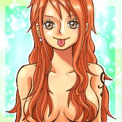 Rule 34 | 1girl, :p, censored, convenient censoring, hair over breasts, kiyu (zuyu), long hair, lowres, nami (one piece), nude, one piece, orange hair, solo, tattoo, tongue, tongue out