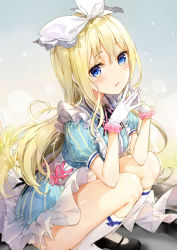 Rule 34 | 1girl, alice (alice in wonderland), alice in wonderland, apron, black footwear, blonde hair, blue dress, blue eyes, blush, bow, commentary request, dress, fingers together, frilled apron, frilled dress, frills, fuumi (radial engine), gloves, hair bow, hair ribbon, kneehighs, long hair, looking at viewer, mary janes, original, own hands together, parted lips, puffy short sleeves, puffy sleeves, revision, ribbon, ribbon trimmed legwear, shoes, short dress, short sleeves, socks, solo, steepled fingers, striped clothes, striped dress, vertical-striped clothes, vertical-striped dress, white bow, white gloves, white socks