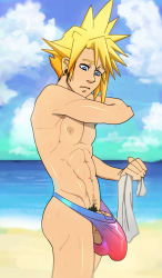 Rule 34 | 1990s (style), 1boy, anma (ryuichi87), beach, cloud strife, final fantasy, final fantasy vii, highres, huge penis, male focus, ocean, outdoors, penis, topless male, summer, swimsuit, testicles
