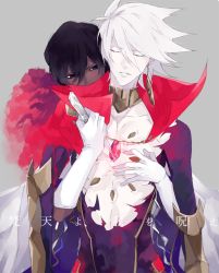 Rule 34 | 10s, 2boys, 9tsumura, arjuna (fate), behind another, bishounen, black hair, blue eyes, brown hair, center opening, chest jewel, colored skin, dark-skinned male, dark skin, fate/apocrypha, fate/extra, fate/grand order, fate (series), gloves, karna (fate), knife, male focus, multiple boys, pale skin, text focus, white gloves, white hair, white skin