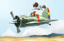 Rule 34 | 2girls, aircraft, airplane, broom, broom riding, brown hair, cloud, dice, flying, goggles, goggles on head, green eyes, inui (jt1116), long hair, military, multiple girls, open mouth, original, outdoors, polikarpov i-16, sky, smile, spain, spanish civil war, spanish republican flag, surprised, vehicle focus, witch