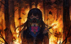 Rule 34 | 1girl, arm at side, arm up, benitama, black hair, black jacket, bow, bowtie, collar, colorized, commentary, fire, gas mask, holding, holding torch, jacket, long hair, long sleeves, looking at viewer, mask, nijisanji, pink bow, pink bowtie, solo, torch, tsukino mito, tsukino mito (1st costume), virtual youtuber, white collar, wing collar