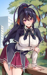 Rule 34 | 1girl, antenna hair, arm support, arm under breasts, black hair, breasts, female focus, foxyreine, grin, hair between eyes, hair ribbon, high ponytail, high school dxd, highres, himejima akeno, kuoh academy school uniform, large breasts, leaning forward, long hair, looking at viewer, outdoors, purple eyes, railing, red skirt, ribbon, school uniform, skirt, smile, solo, textless version, wrist cuffs