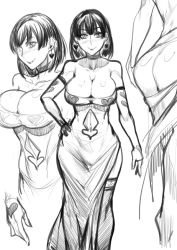 Rule 34 | black beat, breasts, dress, hand on own hip, large breasts, monochrome