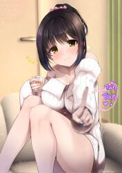 Rule 34 | 1girl, alcohol, bare legs, black hair, blush, breasts, corrupted twitter file, cup, drunk, feet out of frame, fingernails, highres, holding, holding cup, idolmaster, idolmaster cinderella girls, indoors, knees up, large breasts, looking at viewer, nail polish, off-shoulder sweater, off shoulder, pao lily game, pointing, pointing at viewer, ponytail, ribbed sweater, sitting, smile, solo, squeans, sweater, takafuji kako, twitter username, white sweater