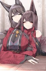 Rule 34 | 2girls, ;), absurdres, akagi (azur lane), amagi (azur lane), animal ears, azur lane, bare shoulders, black kimono, breasts, brown hair, closed eyes, eyeshadow, facing viewer, fox ears, fox girl, fox tail, hair ornament, hairclip, head on another&#039;s shoulder, highres, hug, hug from behind, indoors, japanese clothes, kimono, kitsune, large breasts, long hair, looking at another, makeup, multiple girls, multiple tails, off shoulder, one eye closed, purple eyes, red eyeshadow, red kimono, samip, slit pupils, smile, tail, upper body, very long hair