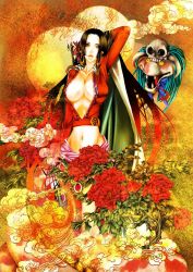 Rule 34 | 1girl, amazon lily, amazon warrior, bad id, bad pixiv id, boa hancock, breasts, cleavage, colorful, earrings, epaulettes, female focus, flower, highres, jacket, jacket on shoulders, jewelry, long hair, midriff, navel, one piece, peony (flower), plaint, salome (one piece), seon, skull, snake, solo