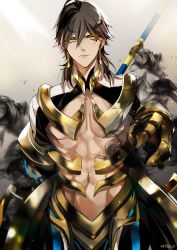 Rule 34 | 1boy, abs, ahoge, artist name, bare pectorals, black gloves, brown hair, cape, dark-skinned male, dark skin, egyptian, egyptian clothes, fate/grand order, fate/prototype, fate/prototype: fragments of blue and silver, fate (series), gauntlets, gloves, grey background, hair between eyes, holding, holding staff, jewelry, looking at viewer, male focus, muscular, necklace, ozymandias (fate), pectorals, sakura hitsuji, shiny clothes, shrug (clothing), simple background, smoke, solo, staff, topless male, white cape, yellow eyes