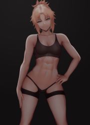Rule 34 | 1girl, abs, absurdres, alternate costume, black background, black shorts, black tank top, blonde hair, breasts, fate/apocrypha, fate/grand order, fate (series), green eyes, highres, looking at viewer, medium breasts, mordred (fate), mordred (fate/apocrypha), muscular, muscular female, navel, revision, shorts, smile, sportswear, tank top, thighs, tomboy, toned, zaki (zaki btw)