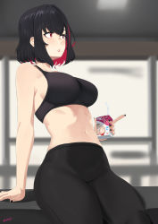 Rule 34 | 1girl, black hair, black nails, black pants, black sports bra, blush, box, breasts, feet out of frame, girls&#039; frontline, highres, holding, holding box, juice box, kion-kun, large breasts, leaning back, leggings, lips, looking away, multicolored hair, nail polish, navel, open mouth, pants, red eyes, ripper (girls&#039; frontline), ripper swap (girls&#039; frontline), sangvis ferri, short hair, sideboob, simple background, sitting, sitting on object, solo, sports bra, sportswear, thighs, twitter username