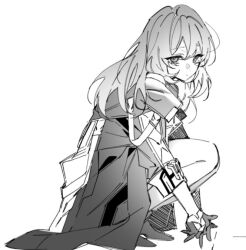 Rule 34 | 1girl, boots, coat, dlckrpwjd111, expressionless, gloves, greyscale, honkai: star rail, honkai (series), long hair, long sleeves, looking at viewer, monochrome, simple background, skirt, solo, squatting, stelle (honkai: star rail), strap, trailblazer (honkai: star rail)