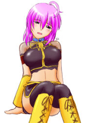 Rule 34 | 1girl, ahoge, arm support, blush, boots, breasts, cross-laced footwear, head tilt, kit (studio), megurine luka, midriff, navel, no pupils, purple hair, short hair, simple background, sitting, sketch, solo, vocaloid, white background