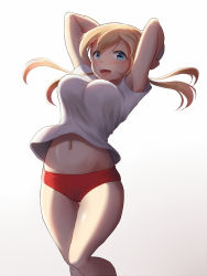 Rule 34 | 1girl, :d, alternate costume, armpit peek, arms up, bare legs, blonde hair, blue eyes, blush, bouncing breasts, breasts, buruma, feet out of frame, gradient background, gym shirt, gym uniform, kantai collection, large breasts, light, long hair, low twintails, maku ro, navel, no headwear, open mouth, prinz eugen (kancolle), red buruma, shade, shirt, short sleeves, smile, solo, teeth, thigh gap, twintails, upper teeth only, white background, white shirt