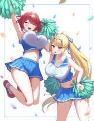 Rule 34 | 2girls, absurdres, bare shoulders, blonde hair, blush, bob cut, bouncing breasts, breasts, cheerleader, chest jewel, cleavage, crop top, crop top overhang, dual persona, earrings, female focus, headpiece, highres, holding, holding pom poms, jewelry, large breasts, long hair, looking at viewer, matching hair/eyes, miniskirt, multiple girls, mythra (xenoblade), navel, open mouth, pom pom (cheerleading), pom poms, ponytail, pyra (xenoblade), red hair, short hair, skirt, smile, stomach, swept bangs, taro (peach taro51), tiara, very long hair, xenoblade chronicles (series), xenoblade chronicles 2, yellow eyes