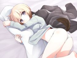 Rule 34 | 1girl, animal ears, ass, bad id, bad pixiv id, blonde hair, blue eyes, blush, body pillow, dog tail, erica hartmann, looking at viewer, lying, mobu, hugging object, on side, panties, pillow, pillow hug, revision, short hair, solo, strike witches, tail, underwear, white panties, world witches series