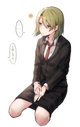 Rule 34 | ..., :/, aosoraa6, black jacket, black skirt, breasts, closed mouth, collared shirt, commentary request, cropped legs, employee (project moon), green eyes, green hair, highres, jacket, lobotomy corporation, long sleeves, necktie, pencil skirt, project moon, red necktie, shirt, short hair, simple background, skirt, small breasts, speech bubble, spoken ellipsis, translation request, white background, white shirt