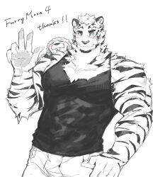 Rule 34 | 1boy, abs, absurdres, animal ears, arknights, artist self-insert, artmichinglion, black shirt, blue eyes, blush, chibi, chibi inset, claws, commentary, cross scar, english commentary, english text, facial scar, furry, furry male, hand on own hip, hand up, highres, lion boy, looking at viewer, male focus, monochrome, mountain (arknights), multiple scars, muscular, muscular male, original, pants, pawpads, pectorals, scar, scar across eye, scar on arm, scar on cheek, scar on face, shirt, smile, thumb in pocket, tiger boy, tiger ears, tiger stripes, white background, white pants