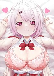 Rule 34 | 1girl, areola slip, bed sheet, blush, bow, bowtie, bra, breasts, brown cardigan, cardigan, cleavage, closed mouth, collared shirt, eromegane3103, fingernails, floral print, flower bra, gradient hair, hair between eyes, hair ornament, hair ribbon, hairclip, heart, highres, large breasts, long bangs, long sleeves, looking at viewer, low ponytail, lying, multicolored hair, nijisanji, on back, open cardigan, open clothes, open shirt, pink bra, pink eyes, pink hair, plaid, plaid skirt, pleated skirt, print bra, raised eyebrows, red bow, red bowtie, red ribbon, red skirt, ribbon, school uniform, shiina yuika, shiina yuika (1st costume), shirt, skirt, sleeves past wrists, smile, solo, two-tone hair, underwear, virtual youtuber, white hair, white shirt