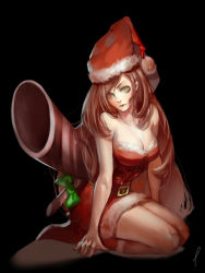 Rule 34 | 1girl, adapted costume, alternate costume, arm support, boots, breasts, candy cane miss fortune, caviar (lunar sama), dress, green eyes, hat, highres, league of legends, light smile, lips, long hair, looking at viewer, off shoulder, red dress, red hair, santa boots, santa costume, santa hat, miss fortune (league of legends), seiza, short dress, sitting, solo