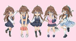 Rule 34 | 1girl, :d, ahoge, alternate costume, amemiya sekira, apron, bag, bare arms, bare shoulders, black dress, black socks, blue dress, blue shirt, blue skirt, blush, brown footwear, brown hair, cheerleader, chibi, collared shirt, commentary request, crop top, dress, dress shirt, enmaided, frilled dress, frills, glasses, green-framed eyewear, hair ornament, hairclip, highres, holding, kneehighs, loafers, long hair, loose socks, maid, maid headdress, midriff, mop, multiple views, navel, neck ribbon, open mouth, original, outline, pinafore dress, pink background, pleated dress, pleated skirt, pom pom (cheerleading), purple eyes, red ribbon, ribbon, school bag, school uniform, sekira ame, semi-rimless eyewear, shirt, shoes, simple background, skirt, sleeveless, sleeveless dress, sleeveless shirt, sleeves past wrists, smile, socks, standing, sweater vest, two side up, under-rim eyewear, very long hair, wavy mouth, white apron, white footwear, white outline, white shirt, white socks