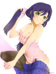 Rule 34 | 10s, 1girl, baiola, bare shoulders, black thighhighs, blush, breasts, camisole, cleavage, clothes pull, garter straps, green eyes, hair half undone, hair ornament, large breasts, long hair, love live!, love live! school idol project, open clothes, open skirt, purple hair, school uniform, scrunchie, skirt, skirt pull, solo, strap slip, thighhighs, tojo nozomi, undressing