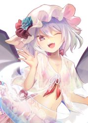 Rule 34 | 1girl, ;d, alternate eye color, bat wings, bikini, blue flower, blue rose, commentary request, fangs, flower, front-tie bikini top, front-tie top, hair between eyes, hand up, hat, hat flower, hat ribbon, head tilt, innertube, looking at viewer, mob cap, navel, one eye closed, open mouth, purple eyes, red bikini, red ribbon, remilia scarlet, ribbon, rose, sarong, see-through, shirt, short hair, short sleeves, silver hair, simple background, smile, solo, stomach, swim ring, swimsuit, touhou, upper body, white background, white hat, white shirt, wings, yuki (popopo)