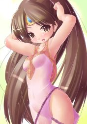 Rule 34 | 1girl, armpits, brown eyes, brown hair, circlet, fire emblem, fire emblem: mystery of the emblem, fire emblem: shadow dragon, kourourin, linde (fire emblem), long hair, nintendo, ponytail, rope, see-through, skin tight, solo, thighs