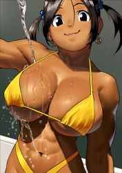 Rule 34 | 1girl, abs, arung samudra (cessa), biceps, bikini, black eyes, black hair, breasts, cessa, commentary, cowboy shot, dark-skinned female, dark skin, earrings, english commentary, gradient background, hair ornament, jewelry, large breasts, midriff, muscular, muscular female, navel, original, pouring, pouring onto self, smile, solo, swimsuit, toned, twintails, water, wet, yellow bikini